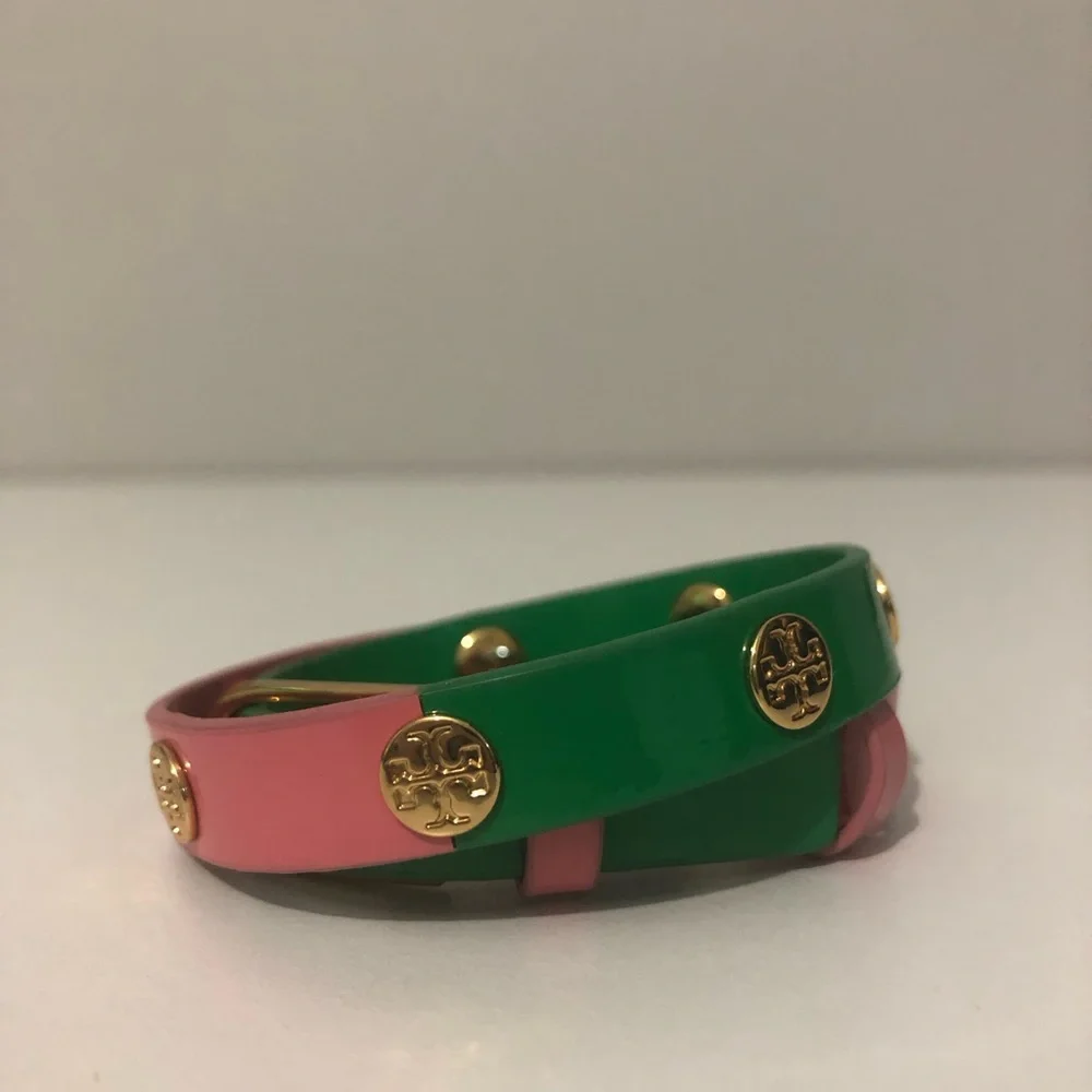 Tory Burch Pink and Green Double Wrap Gold Logo Stud Buckle Bracelet